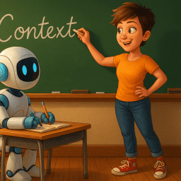 Illustration of a woman with short brown hair in jeans and a bright t-shirt writing the word “Context” on a classroom chalkboard, while a friendly white-and-blue robot sits at a wooden desk taking notes. Pixar-style artwork, cheerful and educational setting.