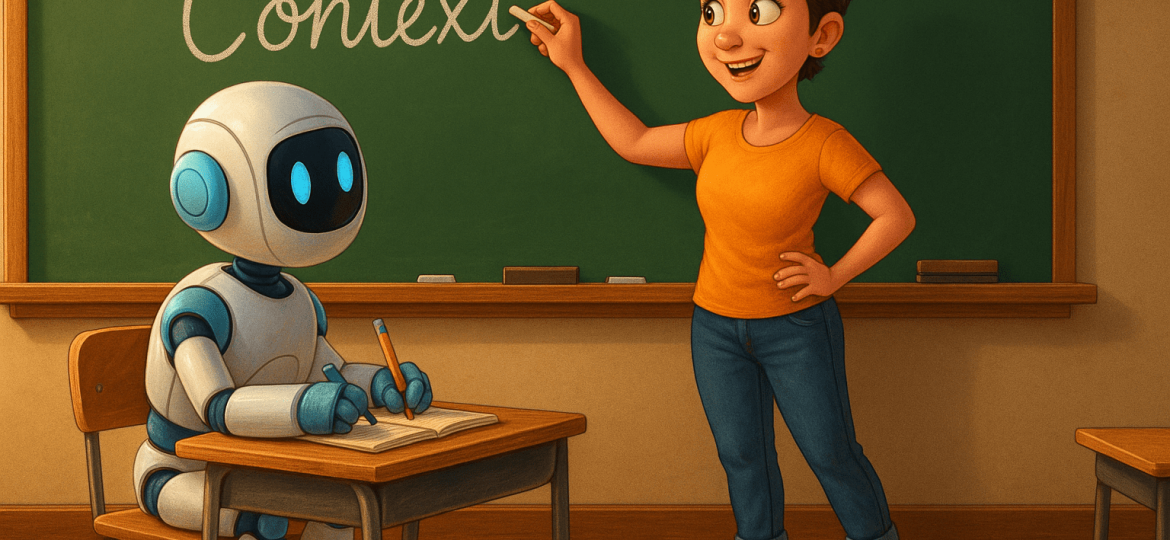 Illustration of a woman with short brown hair in jeans and a bright t-shirt writing the word “Context” on a classroom chalkboard, while a friendly white-and-blue robot sits at a wooden desk taking notes. Pixar-style artwork, cheerful and educational setting.